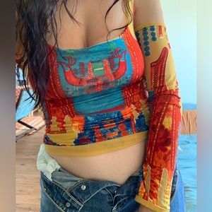 Vintage Save the Queen Embroidered Mesh Shirt with Cutout See-Through Sleeves